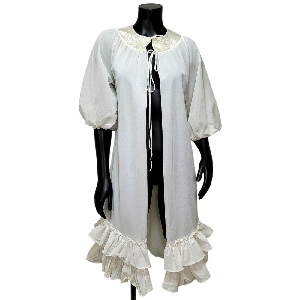 Vintage White Sheer Ruffle Robe Puff Sleeve Floral Embroidered Satin Collar Tie